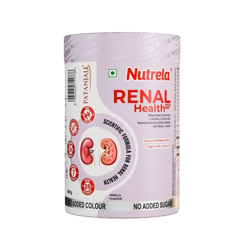 [BRSREHQRBAIB42A2] Patanjali Nutrela Renal Health Whey Protein Powder for Kidney Support – 400g, Vanilla Flavour | Dialysis Nutritional Supplement | 23.2g Protein Per 100g with L-Taurine, L-Carnitine & Essential Nutrients