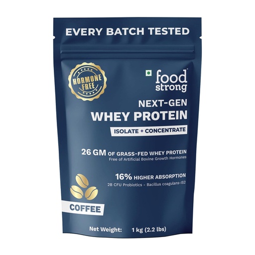 [BRSREGT7BB6AIYDG] Foodstrong Next-Gen Whey Protein Isolate + Concentrate, 100% Hormone Free Grass-Fed Whey, 26G Protein, Coffee, With Turmeric, Probiotics & Natural Digestive Enzymes For Easy Digestion, 1KG
