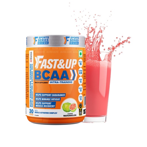 [BRSWGEA6AB6RG3QY] FAST&UP BCAA Watermelon Flavour Advanced BCAA Supplement with Glutamine, Citrulline, L-Arginine & Taurine - Pre/Post Workout & Intra Workout Supplement Powder for Adults(450gm, 30 Servings)