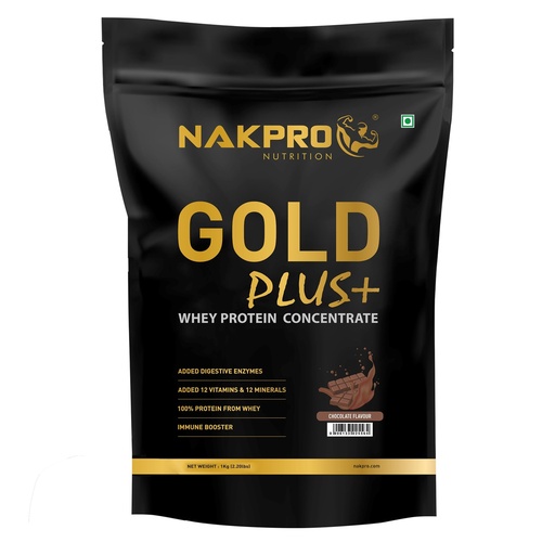 [BRSROYD2CACWY3LO] NAKPRO NUTRITION Gold Plus+ Whey Protein Concentrate | 1kg Chocolate | 25.46g Protein |Trustified Certified with Digestive Enzymes, Vitamins & Minerals