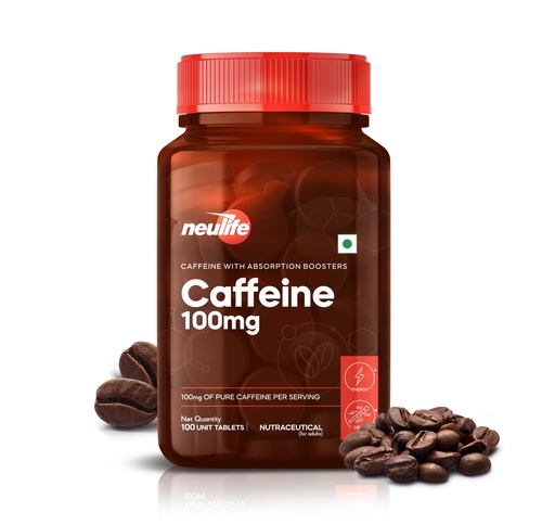 [BRSRAZA7AQBQ4F3G] Neulife Caffeine 100mg Tablets | Pure Caffeine with Absorption Boosters | Pre workout supplements | Supports Weight Management ( 100 capsules), 1 count