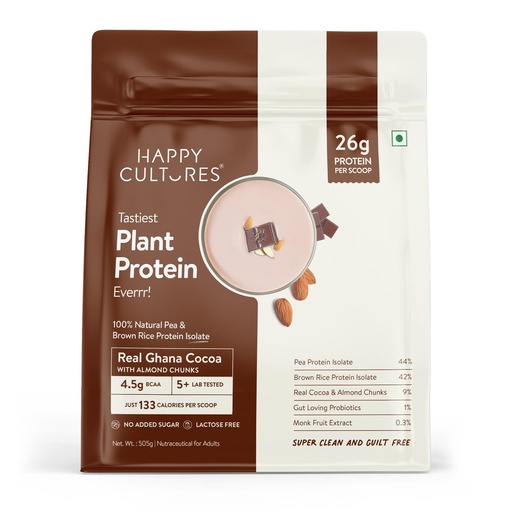 [BRSREYY5BNYR4G3J] Happy Cultures 26g Tastiest Plant Protein| Chocolate, Almond Chunks & Ashwagandha (KSM 66)| Pea & Brown Rice Protein Isolate| No Added Sugar| Vegan| 20 Complete Amino Acids| Monk Fruit Extract| Women & Men| No Bloating, Easy to Digest| Dairy Free with Probiotics- 505g, Chocolate