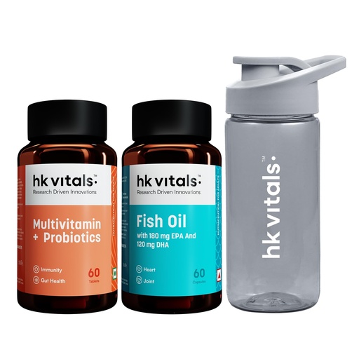 [BRSROCYKBENQMAL3] hk vitals Fish Oil & Multivitamin+ Probiotics, 2x60 Tablets + Sipper 300ml