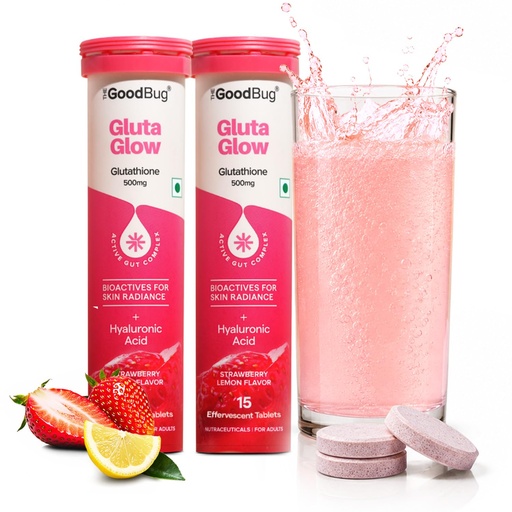 [BRSRGHYRBEIGOADV] The Good Bug Gluta Glow Effervescent Tablets for Skin Glow | 30 Tablets | 500 mg L-Glutathione, Vitamin C, Hyaluronic Acid For Radiant Skin & Anti-Pigmentation | Strawberry Lemon | No Added Sugar