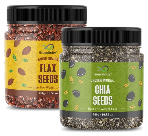 [BRSWYCABCV5AODY6] GreenFinity Healthy Seeds Combo - Flax and Chia Seeds | Rich in Omega-3, Dietary Fibre, and Antioxidants | Raw Seeds for Weight Loss, Immunity Booster, Digestion, Salads, Snacks, Smoothies (300g Each)