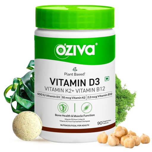 [BRSREZAHOYFBU3DA] OZiva Vitamin D3, K2 & B12 | With Vitamin D3 For Stronger Bones, K2 (MK7) for Bone Density & B12 for Muscle Growth & Recovery - 90 Tablets
