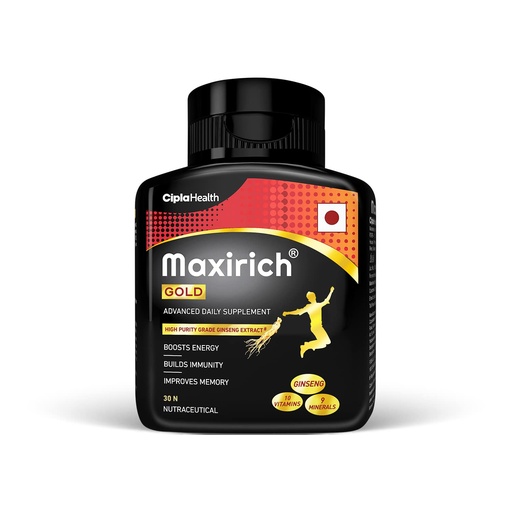 [BRSW2BIQC4NB6AL3] Cipla Maxirich Gold Daily Multivitamin (30 Softgels) with high purity grade Ginseng Extract*, 10 Vitamins and 9 Minerals | Boosts Energy & Immunity | Reduces Fatigue | Helps Improve Mental Alertness
