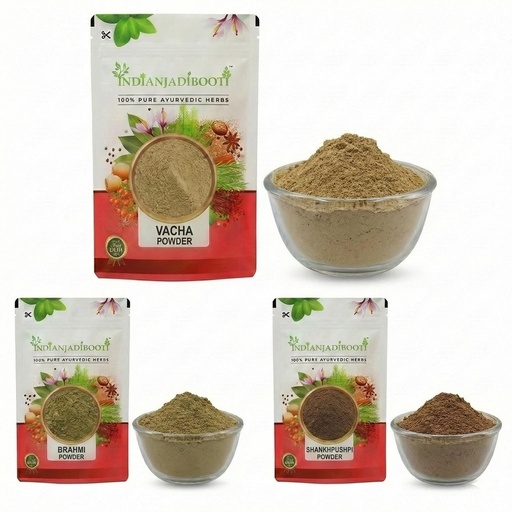 [BRSRGGT2OAIGGG3K] IndianJadiBooti Vacha, Brahmi & Shankhpushpi Powder Combo (100g Each) | The 'Brain Trio' for Focus, Memory & Clarity | Natural Medhya Rasayana Churna for Students