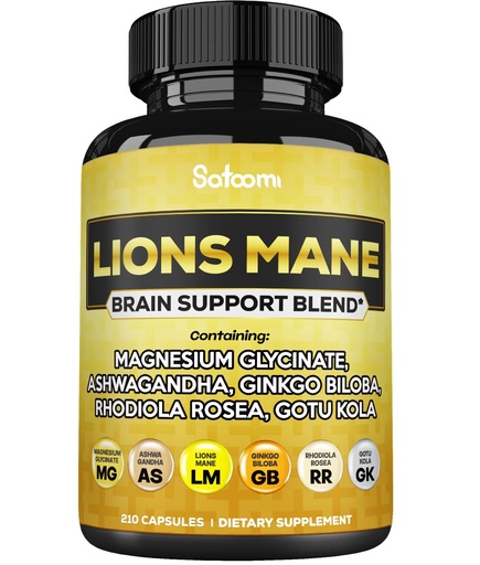 [BRSROGDQOQFWYADJ] Satoomi Lions Mane Supplement Capsules with Magnesium with Ashwagandha Root, Ginkgo Biloba, Rhodiola Rosea and Gotu Kola - 210 Vegan Capsules - Support Brain Health, Positive Mood & Energy Production