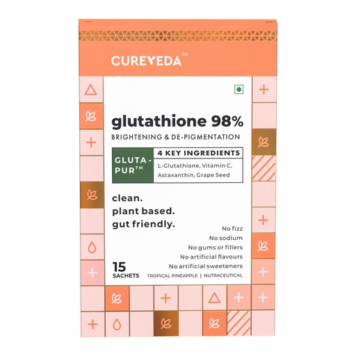 [BRSWY2YRDMCBYALZ] Cureveda Glutathione 98% + pur™ | High Absorption Powder for Skin Brightening, Anti-Aging & Detox | Naturally Fermented L-Glutathione with Vitamin C, Grape Seed extract & Astaxanthin| 15 Sachets (Pineapple Flavor)