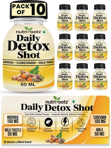[BRSREBQTOYNBYDLA] DAILY DETOX SHOT 60ML (Pack of 10) | Liver Detox Drink with Milk Thistle, Moringa, Curcumin & Bhui Amla | Ayurvedic Cleanse for Gut | Liver Care Juice | Gut Cleanse | Improves Probiotic Activity, Gut Health & Digestion | Herbal Detox Drink