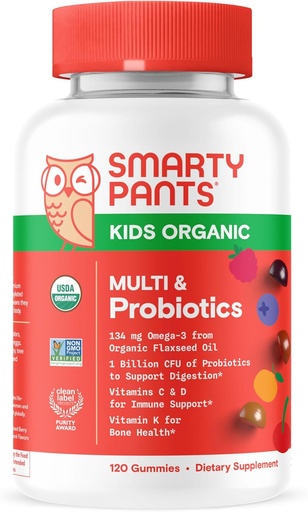 [BRSWG2YQDMHRODTZ] SmartyPants Organic Kids Multivitamin Gummies: Probiotics, Omega 3 (ALA), Vitamin D3, C, Vitamin B12, B6, A, K & Zinc for Immune Support, Biotin, Three Fruit Flavors, 120 Count (30 Day Supply)