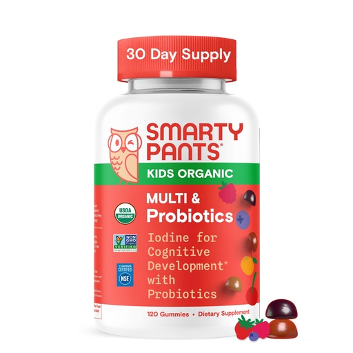 [BRSWG2YQDMHRODTZ] SmartyPants Organic Kids Multivitamin Gummies: Probiotics, Omega 3 (ALA), Vitamin D3, C, Vitamin B12, B6, A, K & Zinc for Immune Support, Biotin, Three Fruit Flavors, 120 Count (30 Day Supply)