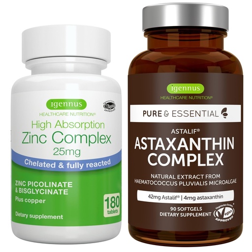 [BRSRMFIQPMCQIADK] Astaxanthin Complex + Zinc Complex Vegan Bundle, Antioxidant Support for Skin, Hair & Nails, by Igennus