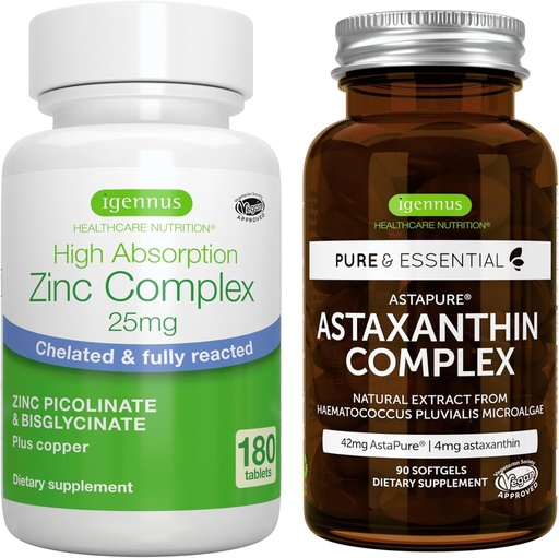 [BRSRMFIQPMCQIADK] Astaxanthin Complex + Zink Complex Vegan Bundle, Antioxidans Unterstützung für Haut, Haar & Nägel, von Igennus