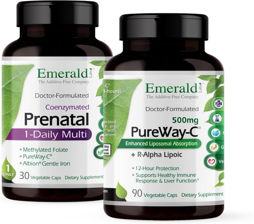 [BRSRAZLYBYGW2EY6] Laboratorios Esmeraldas Bundle con multivitamina prenatal de 1 día (60 caps de veg) & PureWay-C (90 caps de veg) - Multivitamina prenatal con folato metilado, hierro &amp; más* - Suplemento de vitamina C con ácido lípoico R-Alfa*