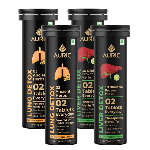 [BRSRGCYDAQMAGELV] Auric Liver & Lung Detox Combo Effervescent Tablets | 40 Tablets Each | Ayurvedic Herbal Blend with NAC, Licorice, Pushkarmool & 10 Herbs | Fizzy Wellness Drink