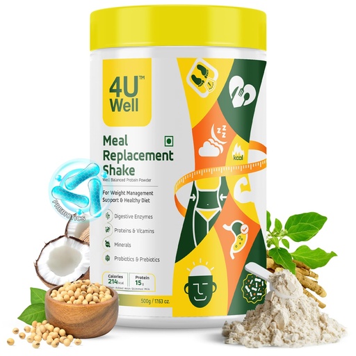 [BRSRAHA5PJ5AM3Q2] 4UWell Meal Replacement Shake for Weight Management & Control | Mango Flavour | 18 Vitamins & Minerals | Boosts Energy, Metabolism & Easy to Digest Powder - 500g