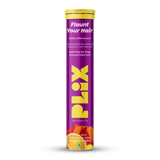 [BRSW2CTQO4CWE23D] PLIX - THE PLANT FIX Heavenly Hair With Natural Biotin|15 Effervescent Tablets, Orange Flavour, Pack of 1|Supports Long, Lustrous, Strong Hair, |Vegan, Caffeine Free, Dairy Free, Sugar Free, Non GMO