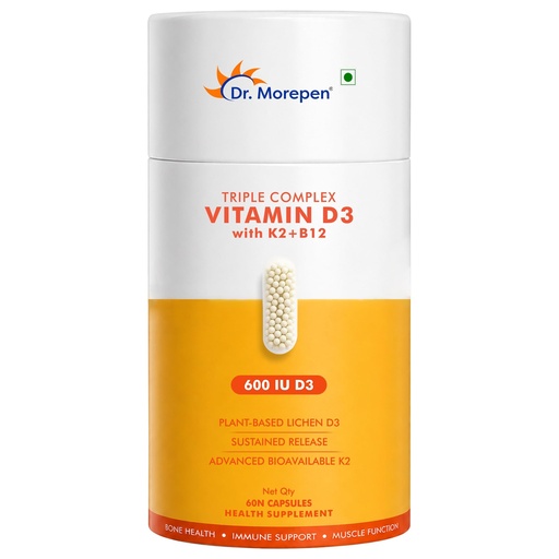 [BRSRYZY6AQMAIAI7] Dr. Morepen Triple Complex Vitamin D3 | 600 IU D3 + 55mcg K2 MK-7 + B12 | Supports Bone Strength, Calcium Absorption & Immunity | Plant-Based | 60 Capsules