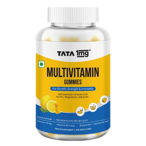 [BRSRMCANAQDQY2TJ] Tata 1mg Multivitamin Gummies With Zinc, Magnesium and Folic Acid for Immunity & Energy (Pack of 30 Gummies, Lemon Flavour)