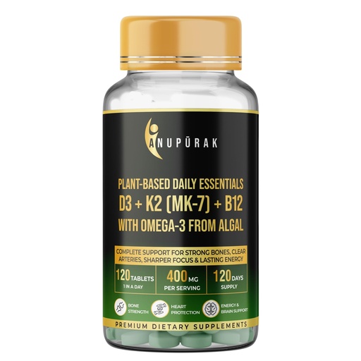 [BRSRGAQHO4MBEGQ6] Vegan D3 K2 B12 & Omega 3 DHA Tablets | 4-in-1 Daily Essential Supplement | Bone, Brain, Heart & Energy Support | D3 (Lichen) + K2 MK-7 (Natto) + B12 + 250mg Algal DHA | 120 Veg Tablets (120 Days)