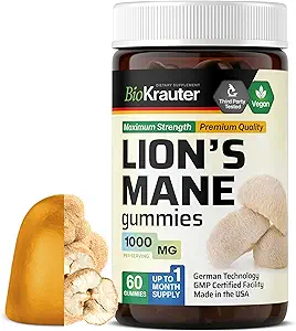 [BRSRMEIDOR7WC3D4] BIO KRAUTER Lions Mane Gummies for Adults - 1000 mg Strength - 60 Vegan Mushroom Supplement Chews - Lions Mane Supplement for Brain - Gelatine-Free