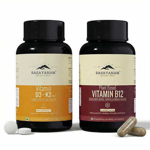 [BRSRGGQHOYFG2CLD] Rasayanam Vitamin D3 + K2 & Vitamin B12 Combo for Daily Deficiency Support | For Energy, Nerve, Bone & Heart Health | 100% RDA, Lab-Tested & Vegetarian | D3+K2 (120 Tablets) + B12 (60 Capsules)
