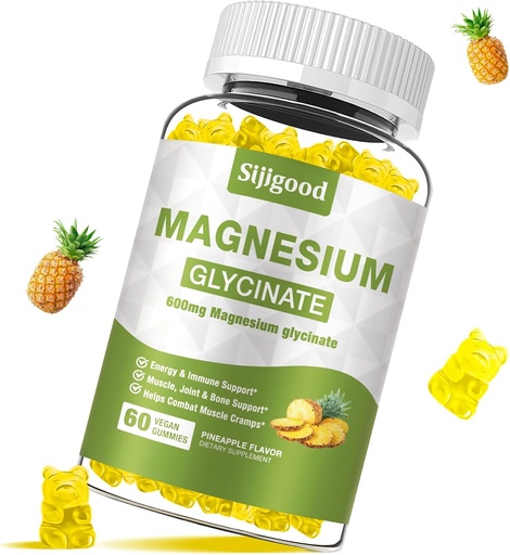[BRSRA2Y2AENA2C3D] Magnesium Glycinate Gummies 600mg, Relaxation & Zzz Support, Magnesium Potassium Supplement for Adults and Kids Sugar-Free, Vitamin C, B6 and CoQ10 Pineapple Flavor, 60 Count