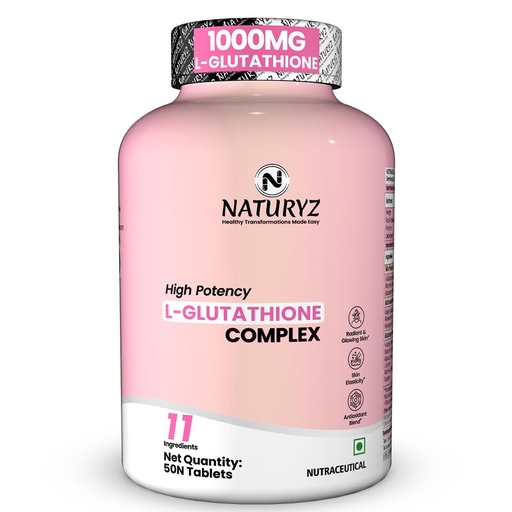 [BRSRAEDYBADRO33Z] NATURYZ High Potency L-Glutathione 1000mg per serving Glow Supplement for Women & Men | Highest 11 Nutrients | Skin Peptide Complex for Depigmentation | Antioxidant Blend | Glutathione Builder for Radiant & Brightening Skin - 50 Tablets