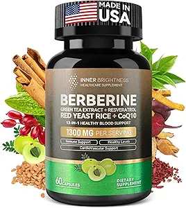 [BRSRA2YHOUPRACQ4] Berberine 1300mg with Green Tea Extract, Resveratrol, Red Yeast Rice & CoQ10 – 13-in-1 Immune Health, Natural Metabolic Support – 60 Capsules – Non-GMO, Lab Tested