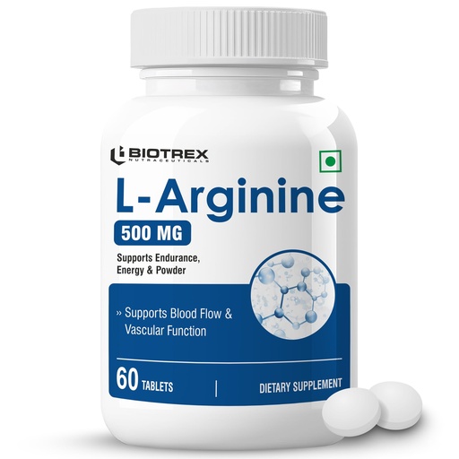 [BRSWGZYOCUIWA3I2] Biotrex Nutraceuticals L-Arginine 500mg Supplement | Nitric Oxide Booster & Muscle Growth | Blood Flow & Heart Health | Pre Workout | Non-GMO | 60 Tablets