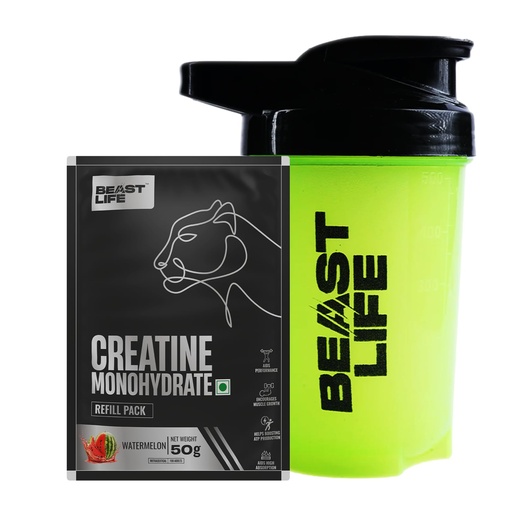 [BRSRGA32PIBQA2Q7] Beastlife Pure Super Micronised Creatine & Shaker Pack | 50 g | 13 Servings | Watermelon | NABL Lab Tested | Rapid Absorption for Muscle Strength & Athletic Performance | Super Micronised Creatine Powder