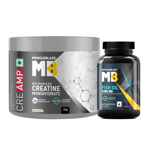 [BRSRMAY3AAIBMHTO] MuscleBlaze Creatine Monohydrate Powder, Unflavoured,100g + Fish Oil
