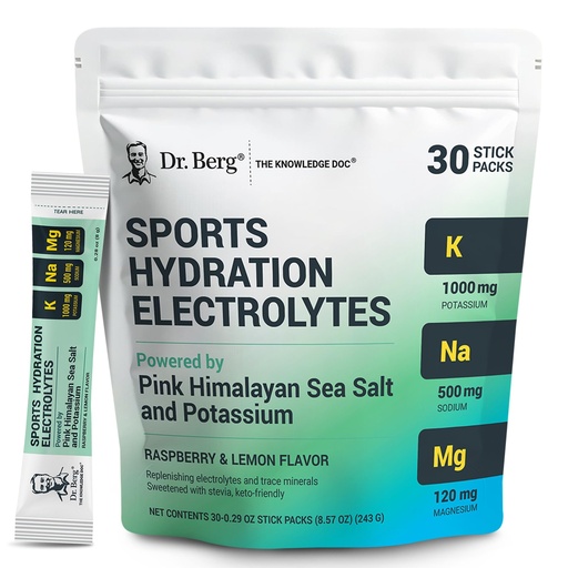 [BRSRMBQEBAFGCFDB] Dr. Berg Sports Hydration Electrolytes Powder w/More Salt (Pink Himalayan) - 30 Keto Electrolytes Powder Packets w/a Delicious Salty Raspberry & Lemon Flavor - Includes 1,000mg of Potassium