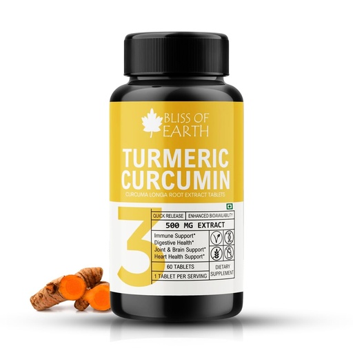 [BRSROGIFPIBW2YDG] Bliss of Earth Turmeric Curcumin Tablets, 95% Curcuminoids, 500 mg Extract (Equivalent to 3700 mg Root Powder) High Potency, Quick Release & Enhanced Bioavailability., 60 Tablets