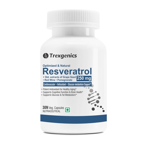 [BRSRM2T4OACBQCT6] Trexgenics Natural RESVERATROL 250 mg + Grape Seed OPC, Pomegranate Ellagic acid, Red Wine Cardiovascular Health, Antioxidant & Glucose Metabolism VEGAN & NON-GMO (30 Veg. Capsules) (Pack of 1)