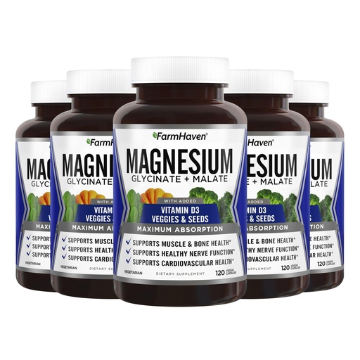 [BRSRM232CANBECD4] FarmHaven Magnesium Glycinate & Malate Complex w/Vitamin D3, 100% Chelated for Max Absorption, Vegan – Bone Health, Nerves, Muscles, 600 Capsules, 300 Days