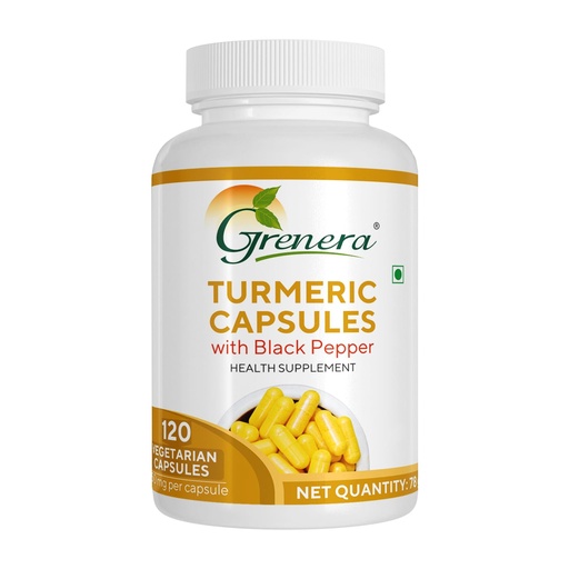 [BRSW2ZIEBMMRYG3B] Grenera Turmeric Capsules (Haldi with Black Pepper) 120 Veg Capsules, Curcumin Supplement, 650 mg each
