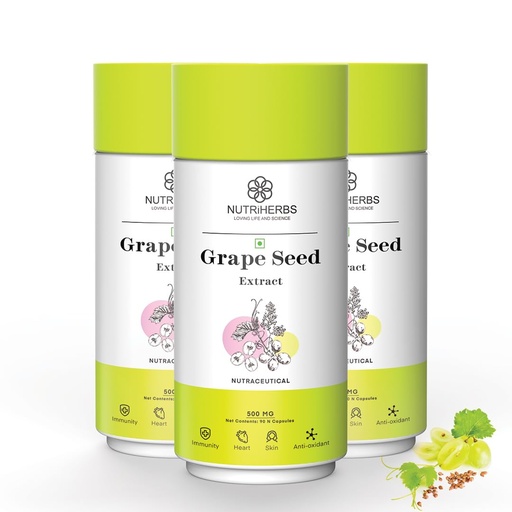 [BRSWY2YHDEMBEADP] NUTRIHERBS Grape Seed Extract Capsules 500mg - Potent Antioxidant Supplement for Skin & Hair Health, Anti-Aging Support, and Immune Boost - 90 Vegan Capsules Pack of 3