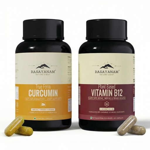 [BRSROED6DF7QYADH] Rasayanam Curcumin + Plant-based Vitamin B12 Combo | 95% Curcuminoids, Piperine & Triple Turmeric Blend + Vegan B12 with 7 Superfoods | Supports Joint Mobility, Inflammation Balance, Energy, Focus & Nerve Health