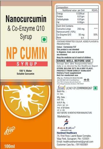 [BRSRAGQYC4PWMFI4] NP CUMIN Syrup of 100% Water Soluble Nano-Curcumin 250mg & Co-Enzyme Q10 50mg Syrup, 100ml Sugar Free | Good For Skin & Joint Pain | Immunity Booster | Antioxidant | For Men & Women.