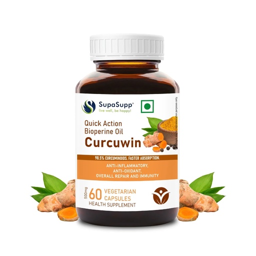 [BRSRMHYYAQFGCCL5] SupaSupp Quick Action Bioperine Oil Curcuwin | Anti-Inflammatory, Anti-Oxidant, Overall Repair And Immunity | Health Supplement | 60 Veg Cap, 500mg