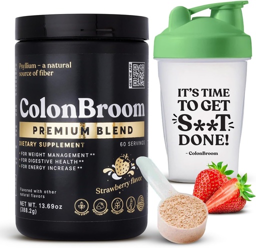 [BRSROBIZBACWE3TO] ColonBroom Premium Psyllium Husk Powder (Strawberry, 60 Servings) + Shaker Bottle for Colon Broom Fiber Powder Drink Bundle - Colon Cleanse for Bloating Relief & Gut Health - Fiber Powder Supplement