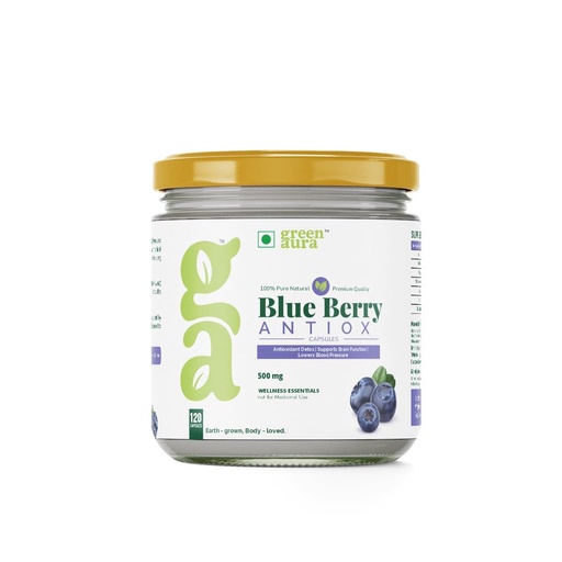 [BRSREFQOCMCR62A4] Green Aura Blueberry Antiox Capsules (120 Capsule) | Antioxidant-Rich Supplement for Brain, Heart & Vision Health | Supports Detox & Memory (500mg)