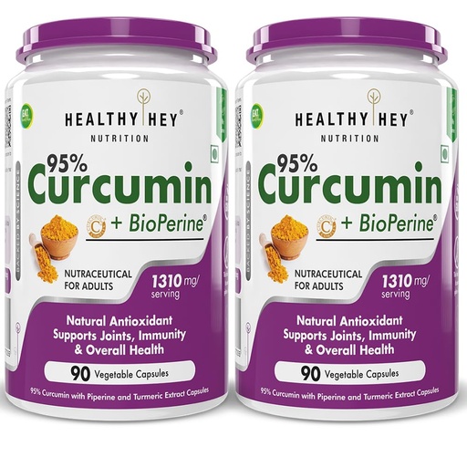 [BRSRAZYEAQNGACTA] HealthyHey Nutrition Curcumin with Bioperine 1310mg (Ultra Pure) | Organic Turmeric, 90 Vegetable Capsules with Piperine Pack of 2