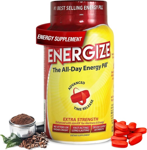 [BRSWYZQHDICQI33D] Energize comprimidos de cafeína de força extra, comprimido de energia de longa duração de ação rápida com cafeína de liberação prolongada de tempo, melhor clareza e suporte energético para homens e mulheres, sem Jitters, sem quebra (60 tablets)