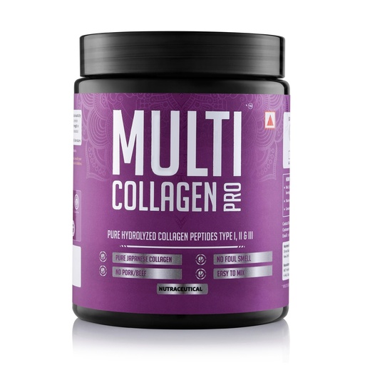 [BRSROAY7CMOQG2AY] Multi Collagen Pro | 100% Hydrolyzed Japanese Marine Collagen Peptides (Type I, II & III) | No Sugar, No Foul Smell | 240g | Orange Flavour