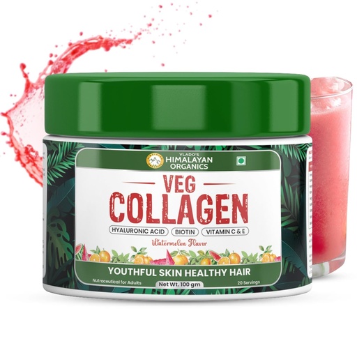 [BRSREGQYOYNQOGYY] Vlado's Himalayan Organics Vegan Collagen supplements -Advanced Marine Collagen Peptides -with all 5 TYPE I, II, III, V, X - Plant-Based - Active Collagens with Biotin,Hyaluronic Acid ,Vitamin C & E - Healthy Skin, Hair & Nails - Skin Radiance - Clinically Proven - Made with Japanese technology - Reduce Pigmentation, Dark Spots & Brighten Skin Tone - For Women & Men - 100 Grams ( Watermelon Flavor )
