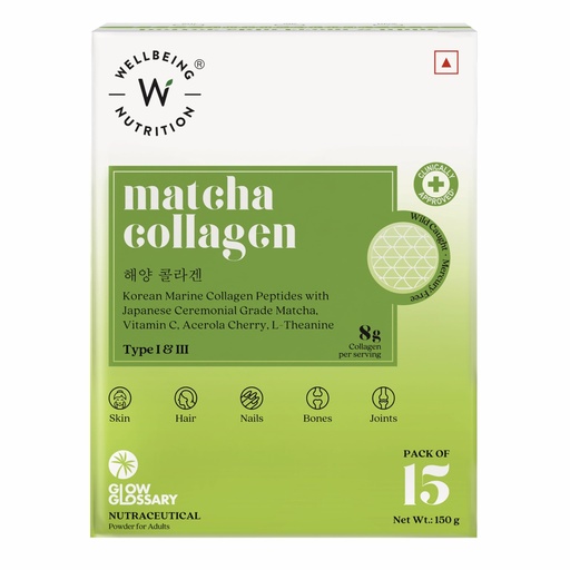 [BRSREBIKOYBBMAAZ] Wellbeing Nutrition Matcha Collagen for Skin Radiance| Korean Marine Collagen Peptides & Japanese Organic Matcha Green tea for Immunity, Gut Health, Hair, Skin & Nails| Pack of 15